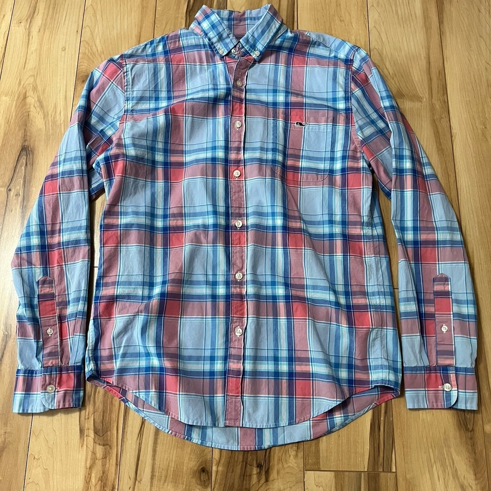 Vineyard Vines Mens Button Up Sz M Blue Red Plaid Slim Fit Tucker Shirt Shep Ian